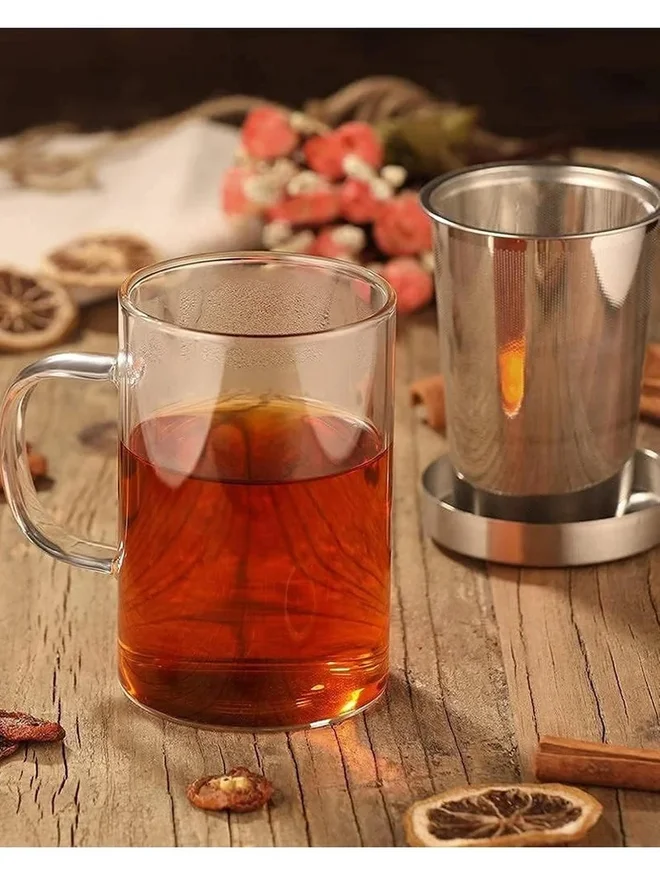 1Chase 1CHASE Borosilicate Glass Tea Cup with Stainless Steel Infuser and Lid, 500ml